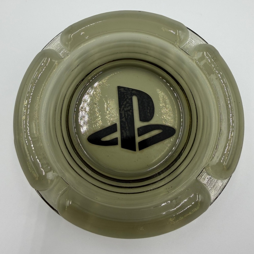 Sony PlayStation Glass Ashtray Smoke Grey Round Gaming Logo Collectible Tray